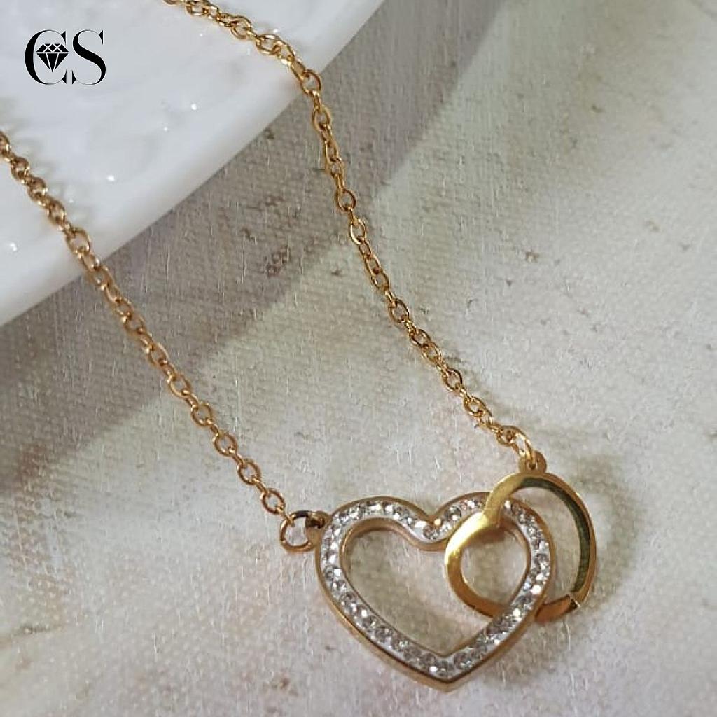 Pulsera dije doble corazon gold Acero inoxidable
