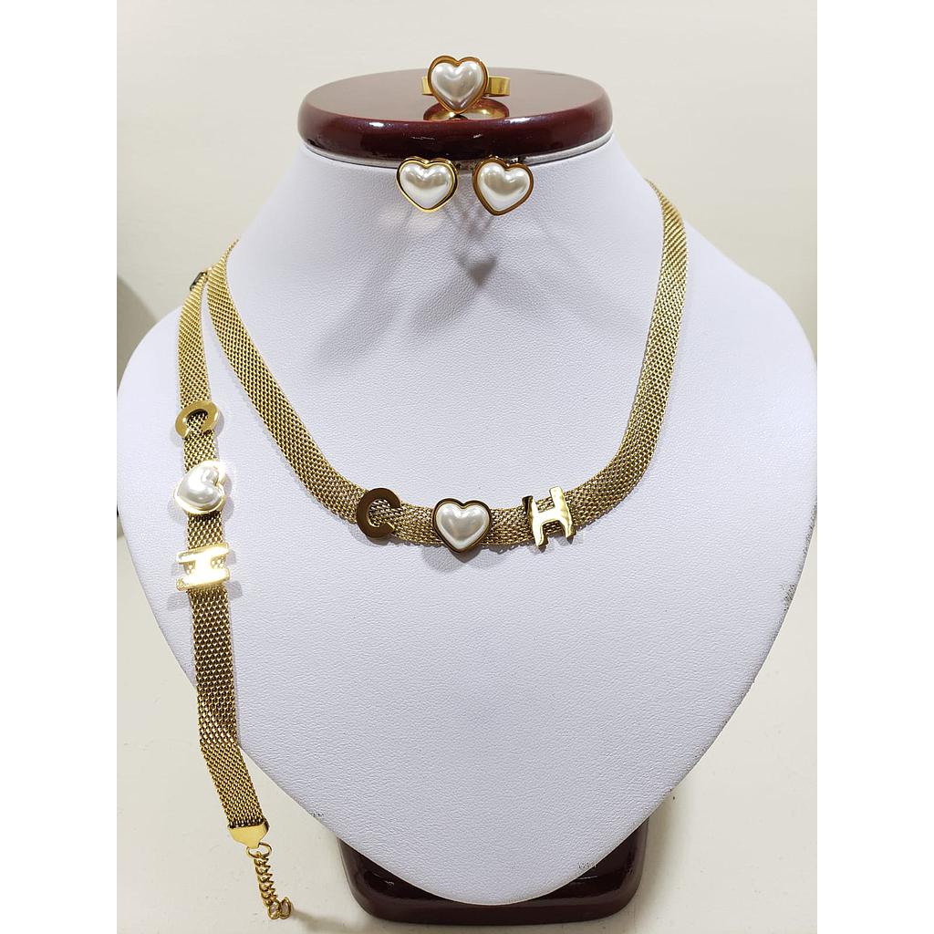 CONJUNTO DE ACERO PERLAS CORAZON