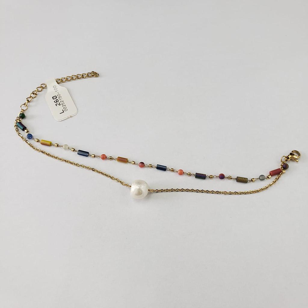 PULSERA DOBLE CON PIEDRAS MULTICOLOR Y COLGANTE DE PERLA/ACERO