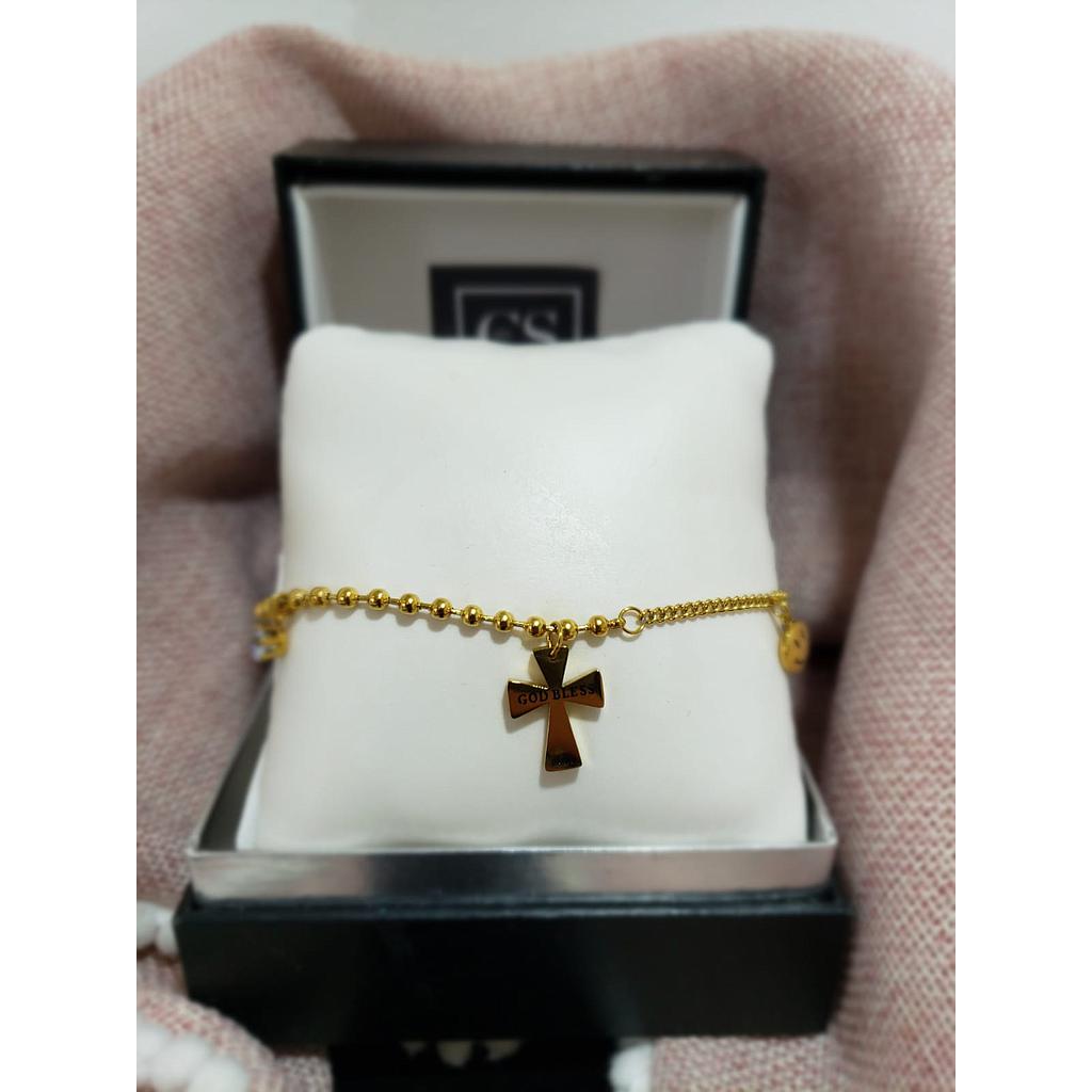 PULSERA COLGANTE CRUZ Y CARITA FELIZ/ACERO