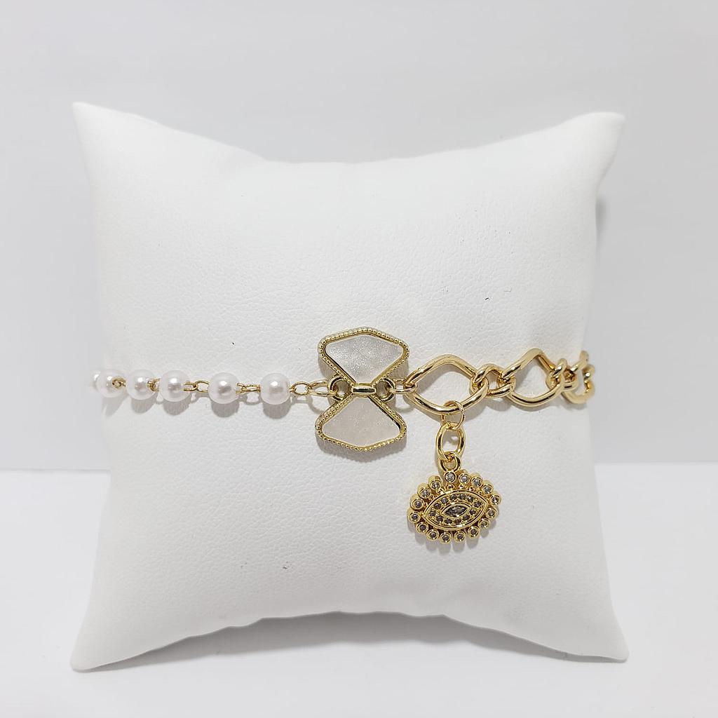 PULSERA CON DIJES LISTON Y OJO TURCO COLGANTES Y PERLAS/ACERO INOXIDABLE