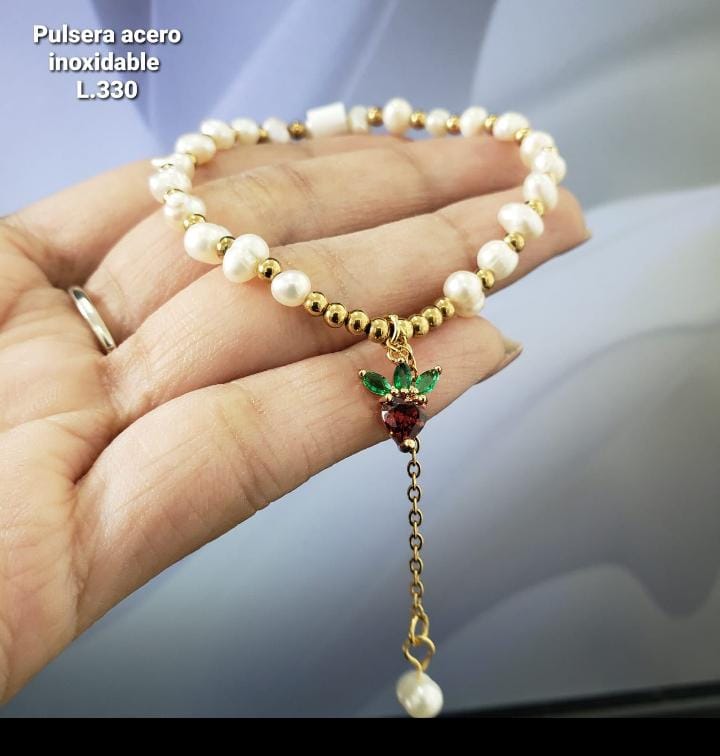 PULSERA GOLD/PERLAS CON DIJE FRESA/ACERO