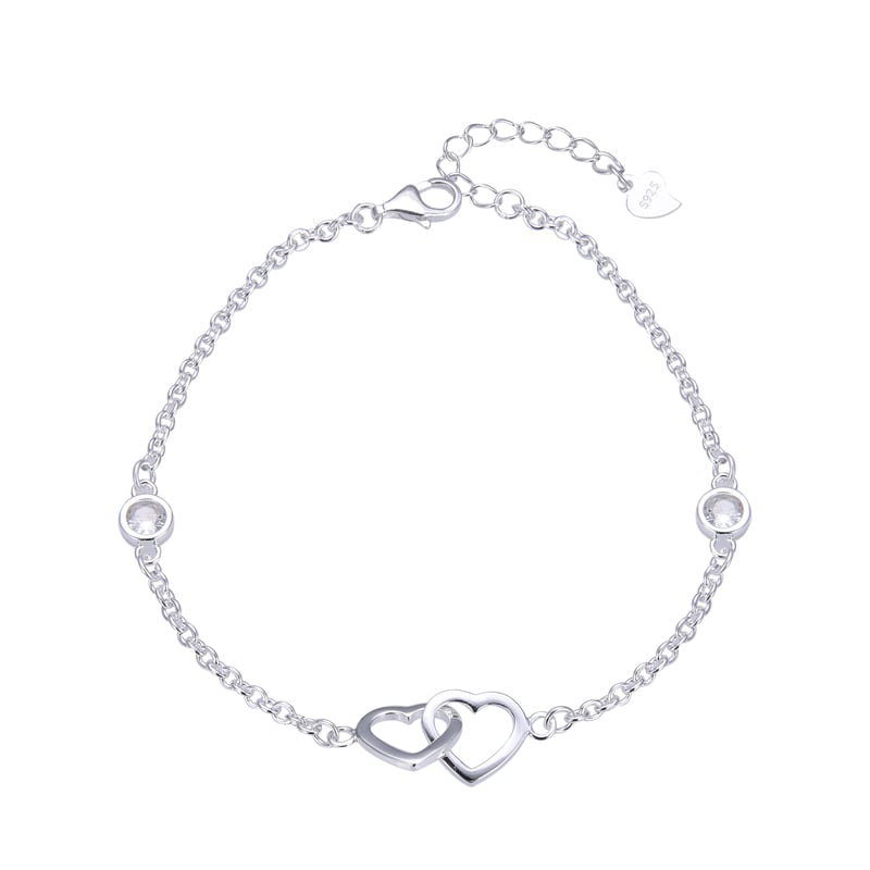 PULSERA DE CADENA ROLO CON DIJE DE CORAZONES ENTRELAZADOS Y PUNTOS DE LUZ. MANILLA, BRAZALETE