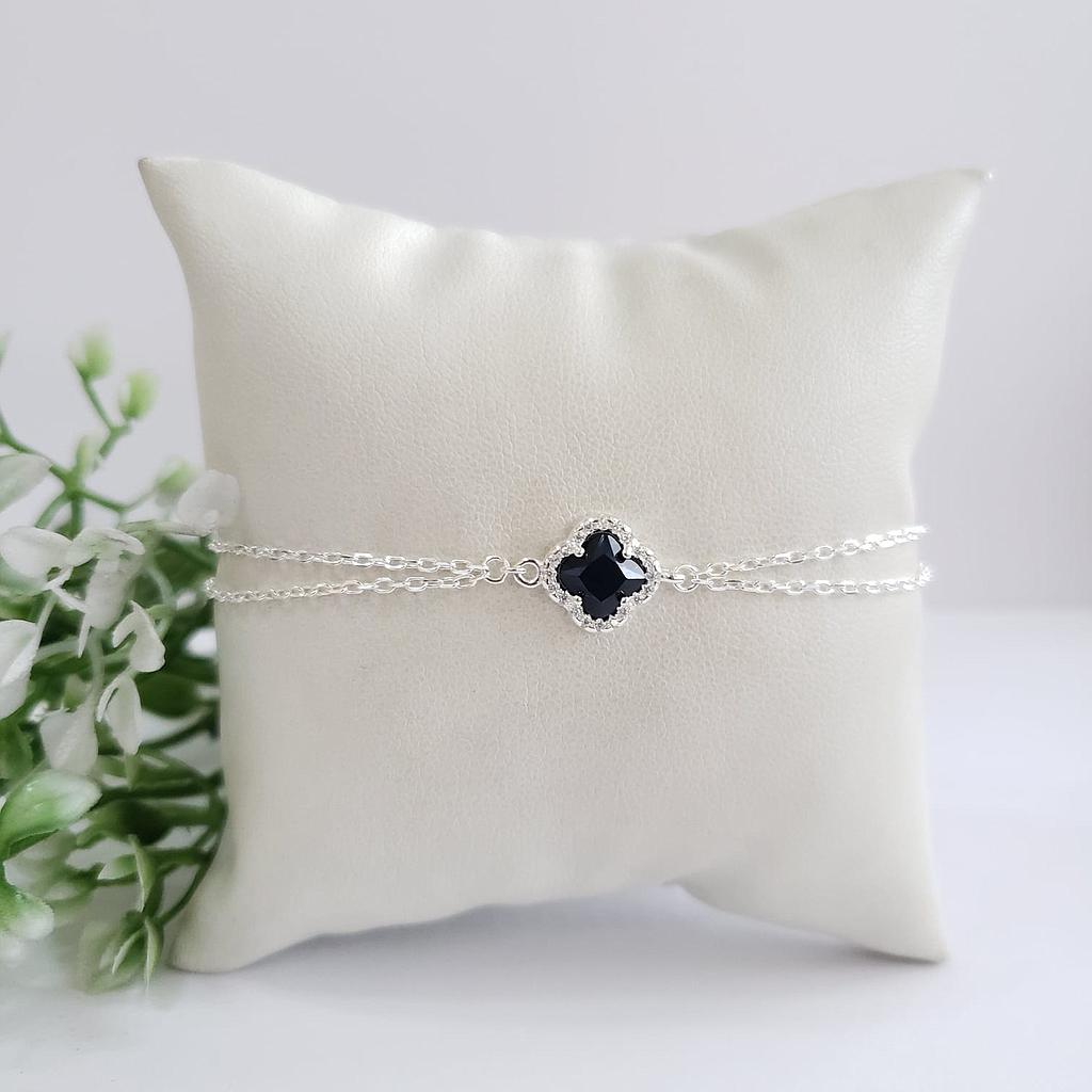 PULSERA DOBLE CADENA UN DIJE  NEGRO VAN CLEEF PLATA 925