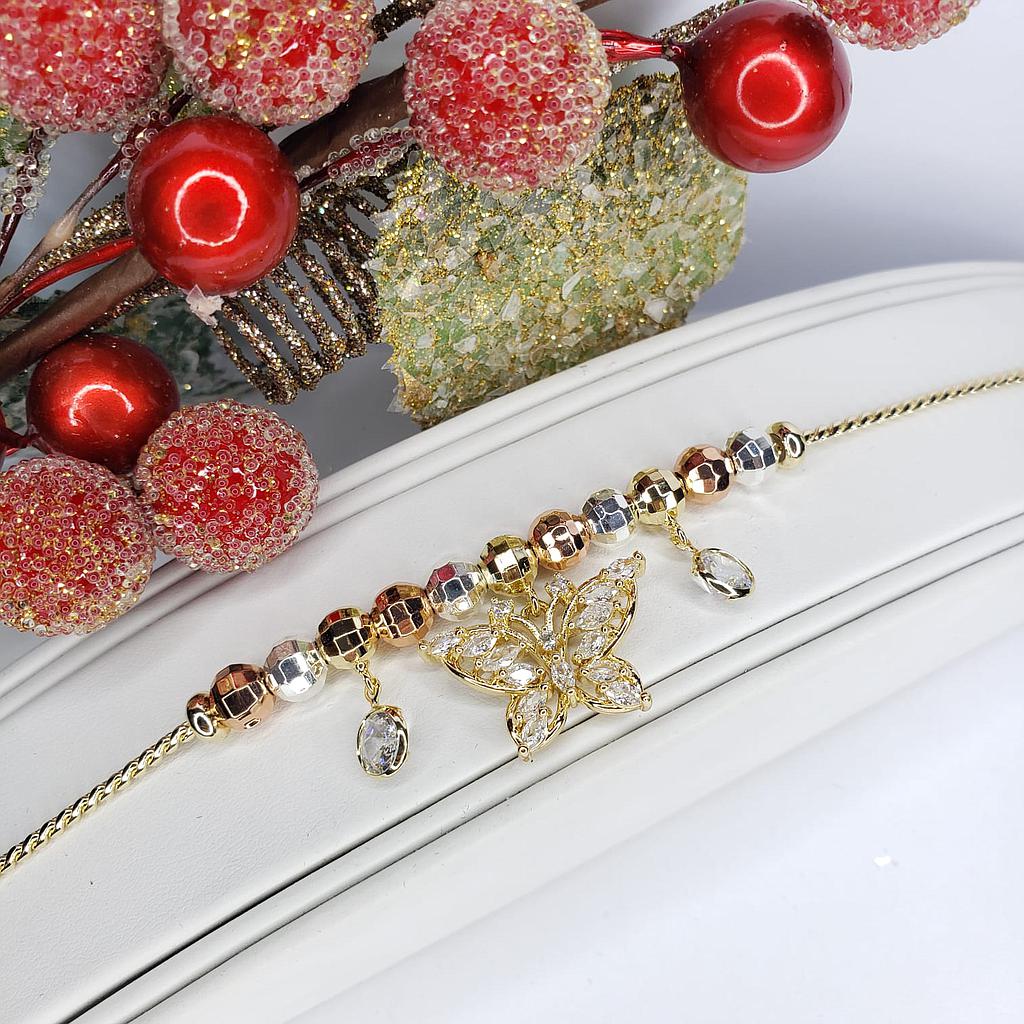 PULSERA DIJE DE MARIPOSA BORLAS 3 OROS ACERO INOXIDABLE